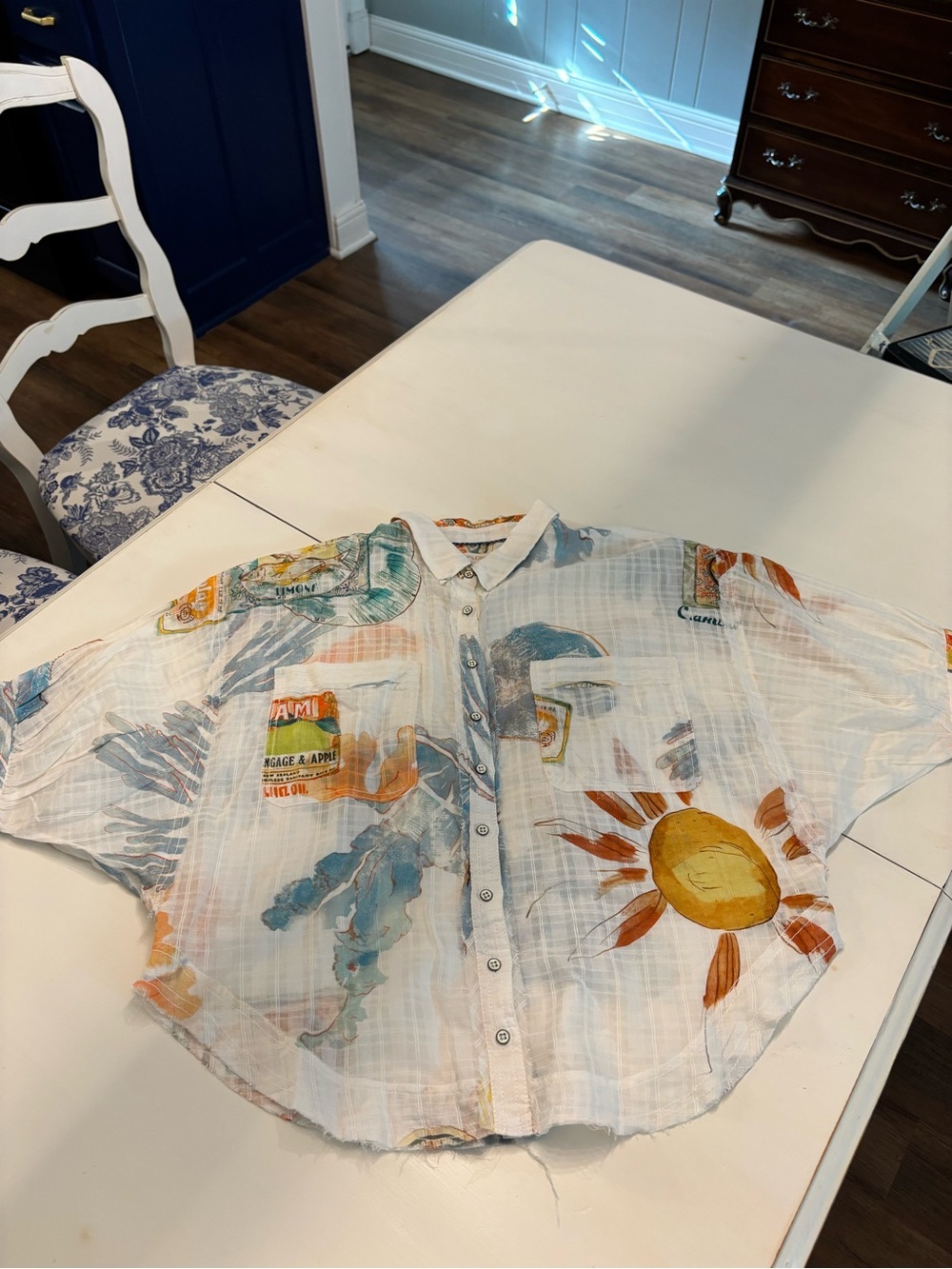 Pilcro White Lightweight Textured Shirt with Subtle Multicolor Print